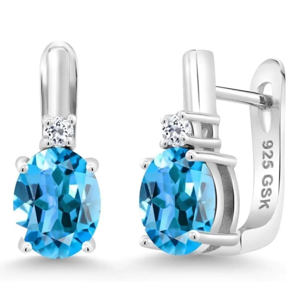925 Sterling Silver with 4.56 Cttw Swiss Blue Topaz and White Topaz Earrings